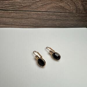 Napier Oval Black Rhinestone Gold Tone Leverback Pierced Earrings